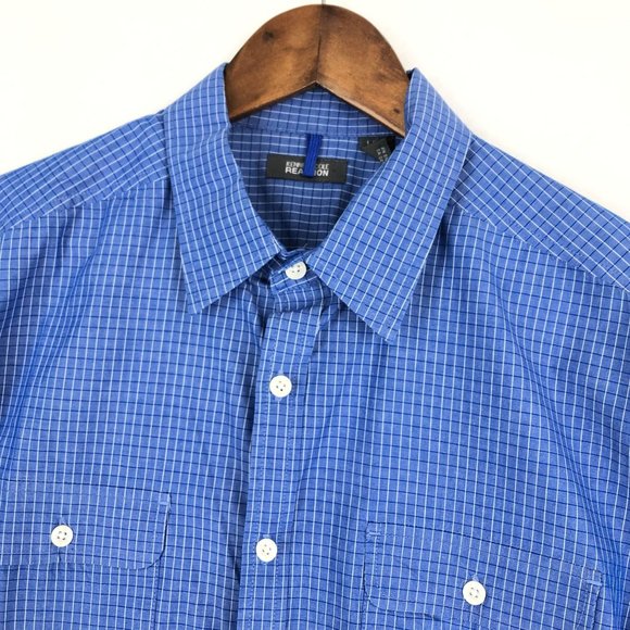 Kenneth Cole Reaction Men's Size Large Blue White Plaid Button Down Shirt - Picture 2 of 10
